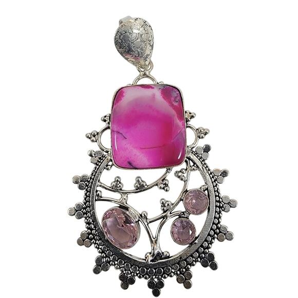 Handmade Silver Pendant with Pink Agate, Rose Quartz & Ornate Sterling Setting - Picture 1 of 10